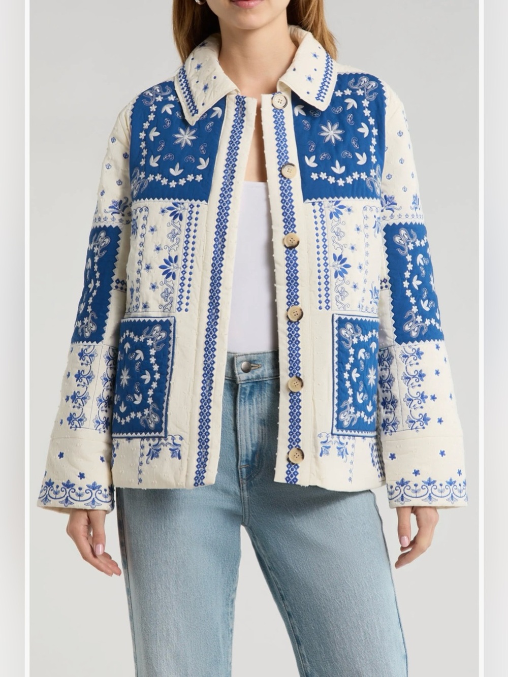 Sezane Smith In Blue Ecru Bandana Embroidered Quilted Floral Jacket Size 40 - Picture 2 of 11